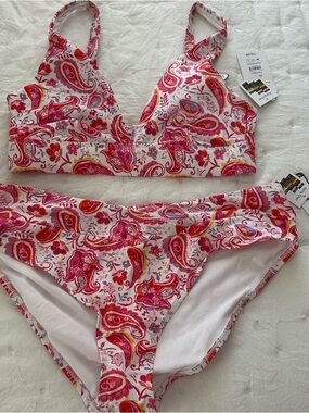 Time and Tru Pink & Red Paisley V-Neck Bikini Top (L) & Bottoms (1X)